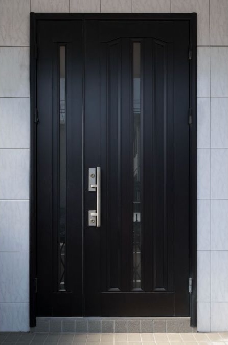 A fiberglass entry door set against a white tile floor, creating a striking contrast.