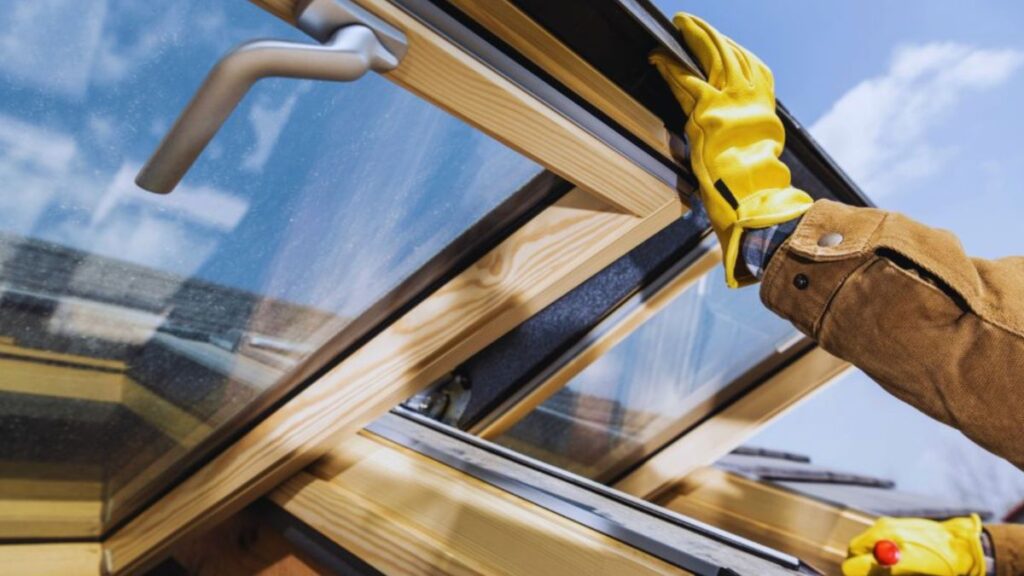 A man in yellow gloves holds a window, showcasing professional window installation services.