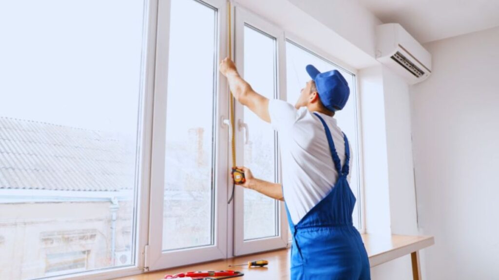 Window installer with blue overalls using a measuring tape to assess window dimensions for installation.