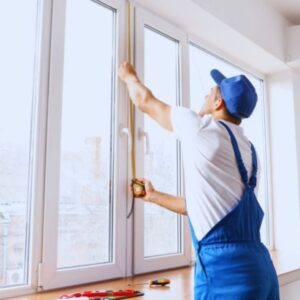 Window installer with blue overalls using a measuring tape to assess window dimensions for installation.