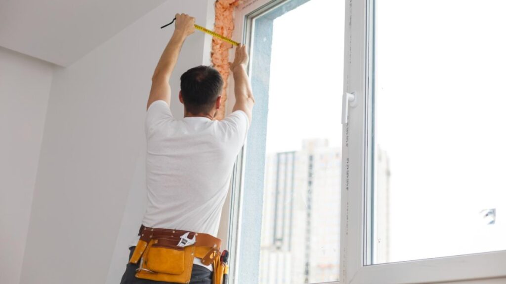 A man carefully measures a window frame with a tape measure, indicating a window replacement task is underway.