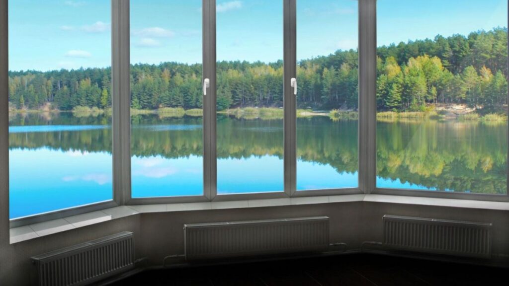 Expansive window revealing a tranquil lake surrounded by trees, featuring HHI Windows and Doors' Bay and Bow window services.