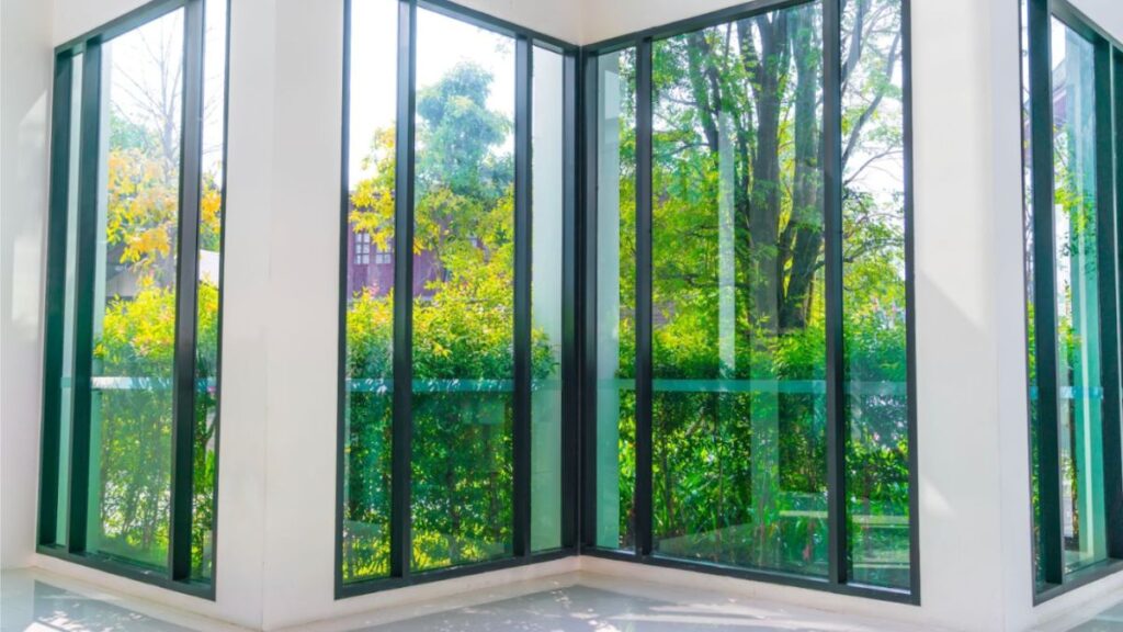 Large floor-to-ceiling picture windows with black frames, allowing natural light to enter and providing a clear view of a lush green garden with trees and bushes outside.