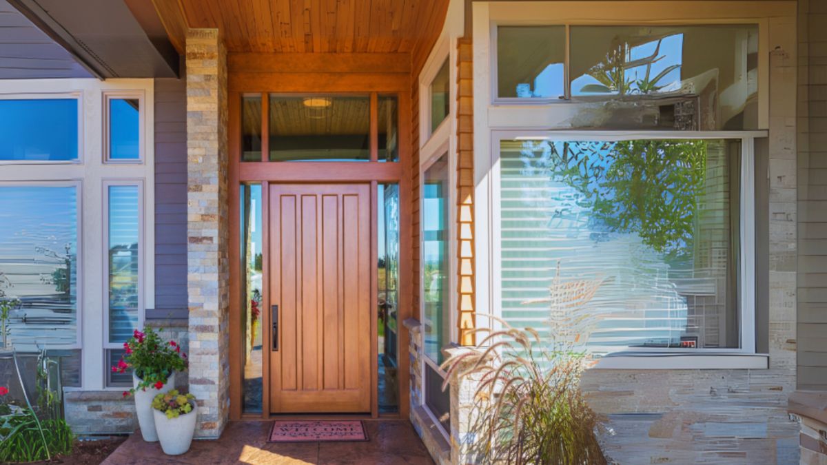 A stylish wooden front door featuring windows, representing the superior design of HHI Windows and Doors.