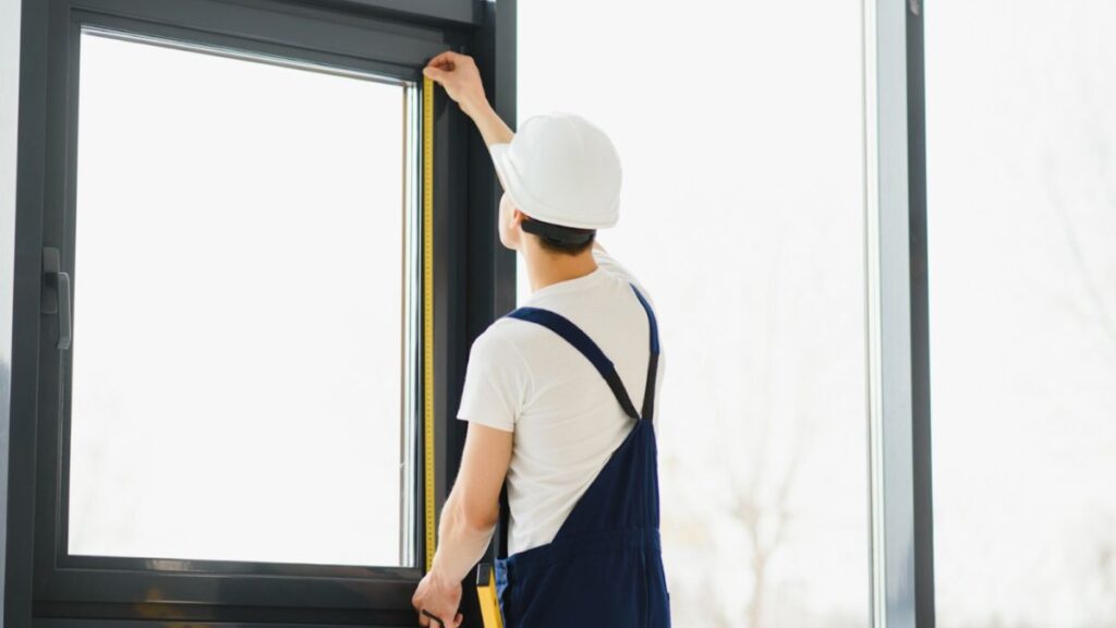 A man in overalls holds a frame, demonstrating window installation in a residential setting.