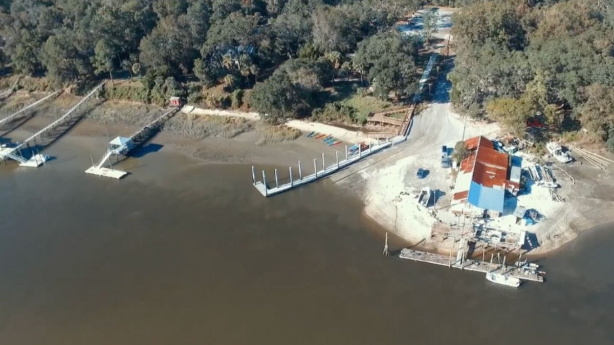 Aerial view of the May River Public Dock in Bluffton, SC