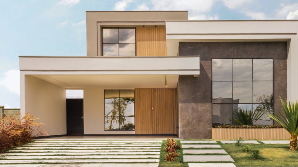 Modern house exterior with new professional door, showcasing clean design and architectural elegance