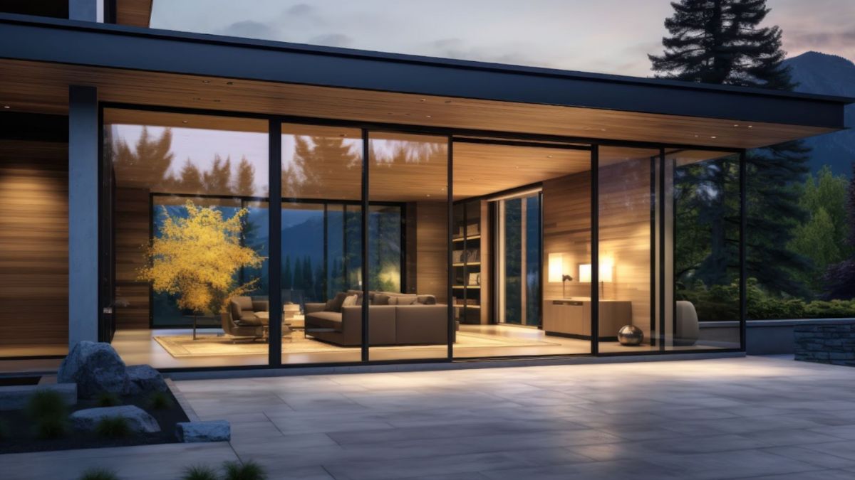 A sleek sliding glass patio door creates a seamless transition between the home's interior and exterior spaces.