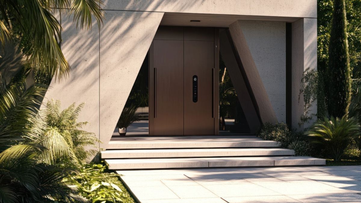 A stunning facade of a modern home with a sleek entry door.