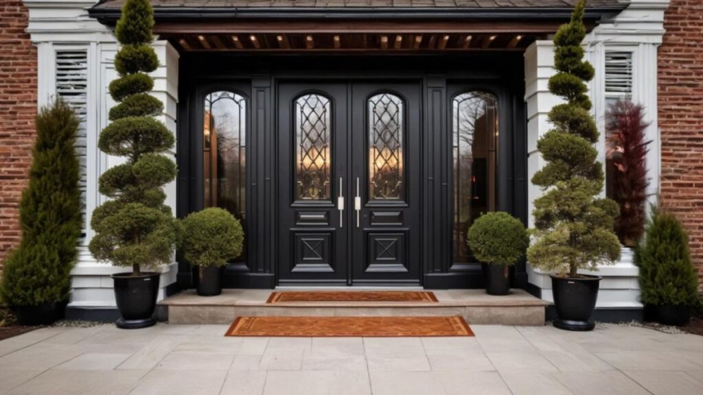 An elegant black front door stands proudly between two vibrant potted plants, highlighting the sophisticated entry design crafted by HHI Windows and Doors.