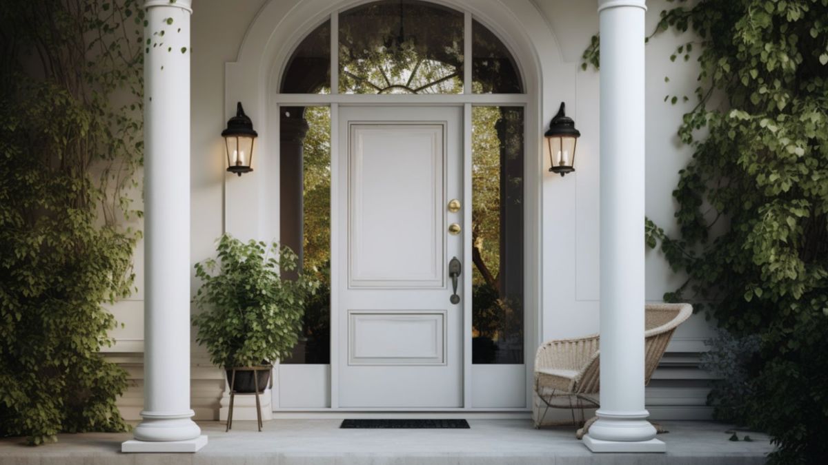 An elegant and stunning white entry door with transom windows and sidelights.