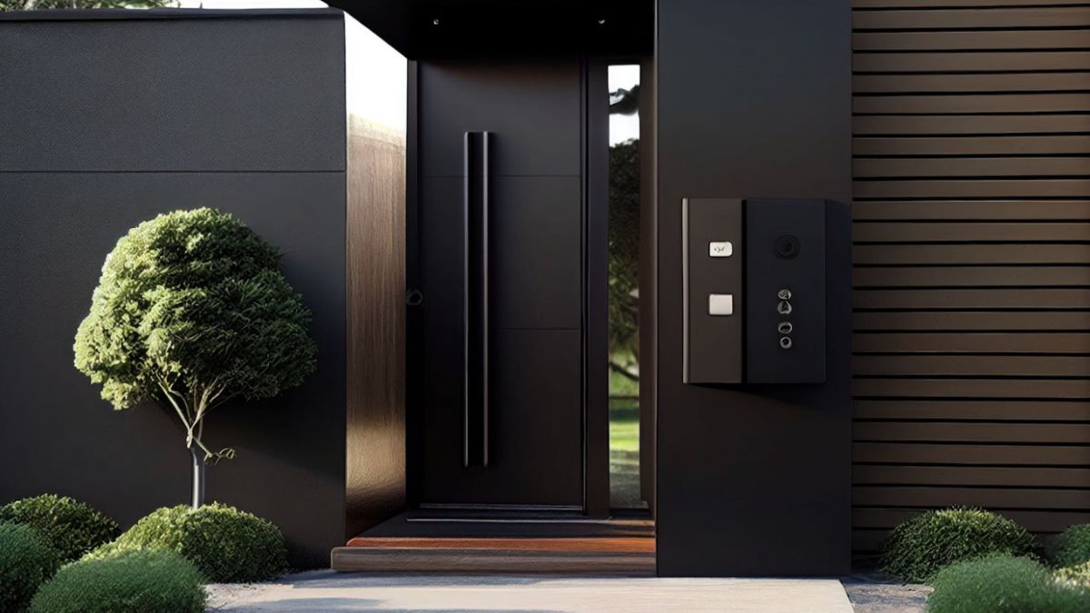 A modern, sleek entry door with an electronic touchpad for security.