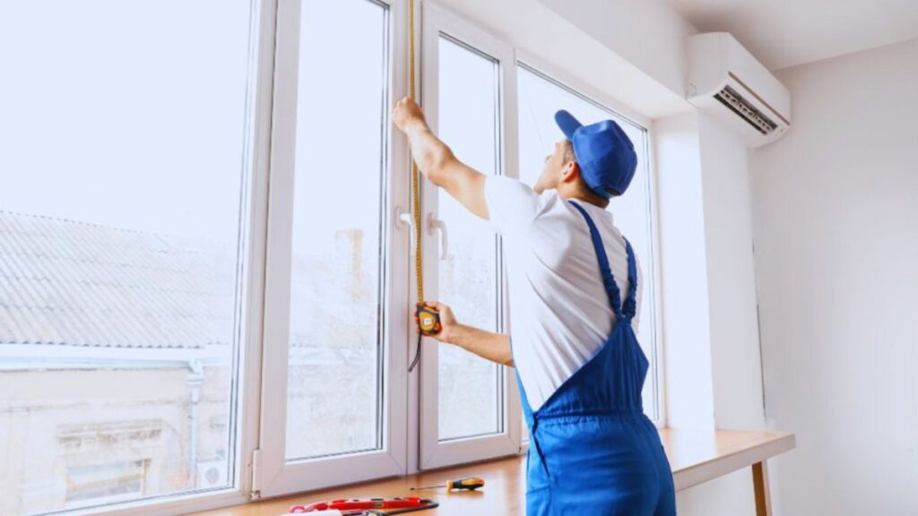 A man in overalls is working on a window, demonstrating professional skills in window installation and maintenance.