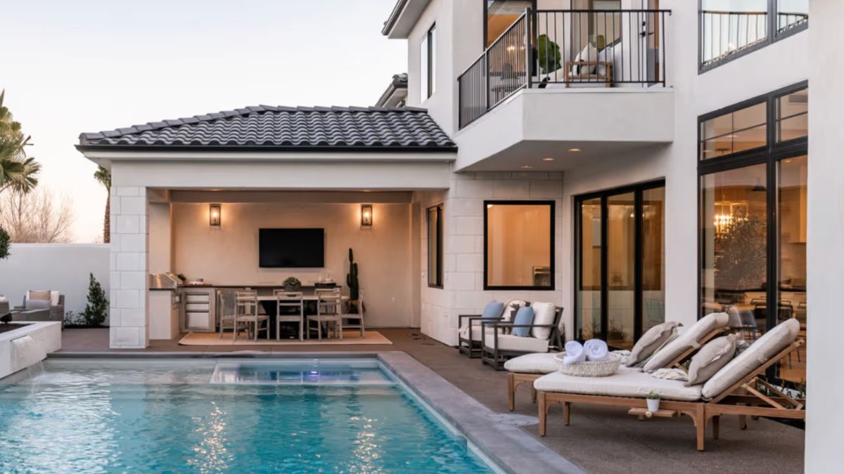 A modern two-story home showcases large glass windows and sliding doors that open to a backyard with a swimming pool, lounge chairs, and a covered outdoor dining area. A balcony extends from the upper level, and the house features a tiled roof.