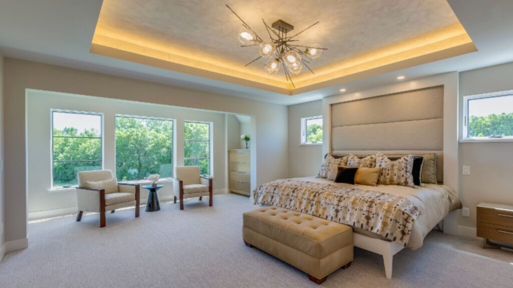 Modern bedroom design with stylish Low-E replacement windows.