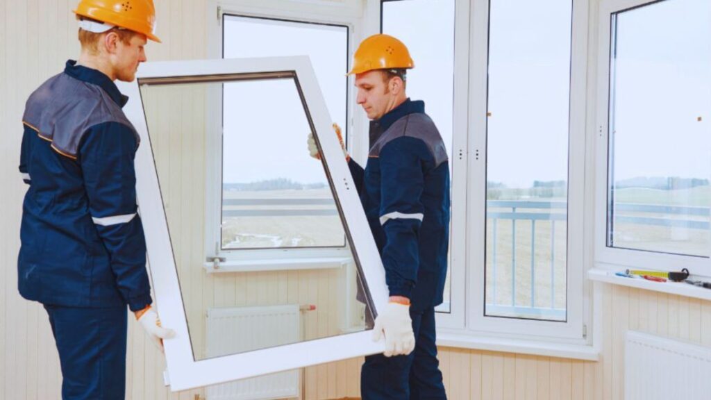 Two workers in safety gear are installing a new window frame inside a bright room during a window replacement project.