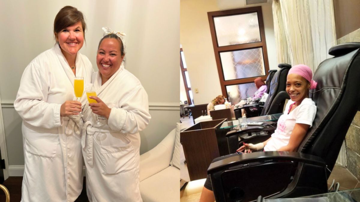 Women receiving spa treatments and smiling during a pampering event by the Karen Wellington Foundation.